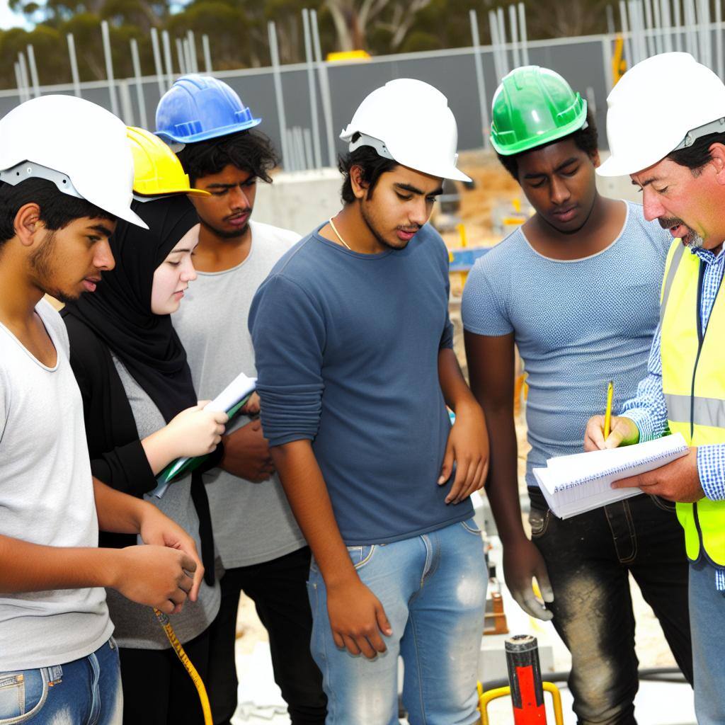 A group of construction workers in hard hats receiving training from a professional instructor on a construction site in the Australian Capital Territory (ACT). The workers are engaged and focused on learning new skills.